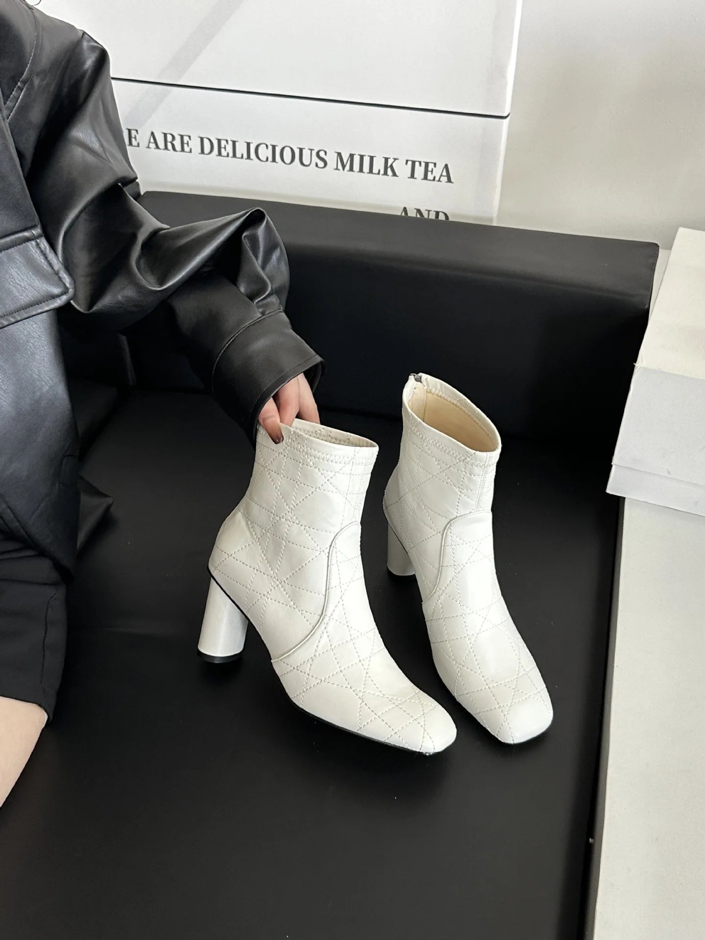 Retro Checkered Ankle Boots - Round Heel with Back Zipper