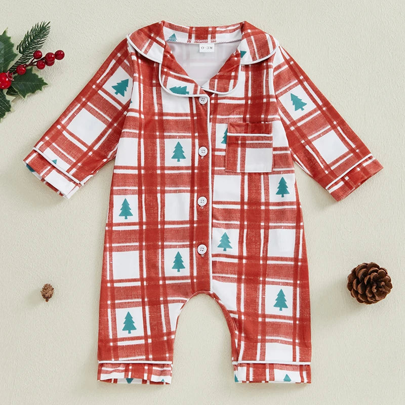 Christmas Pajama Romper - Baby Boys Girls Xmas Tree Plaid Jumpsuit