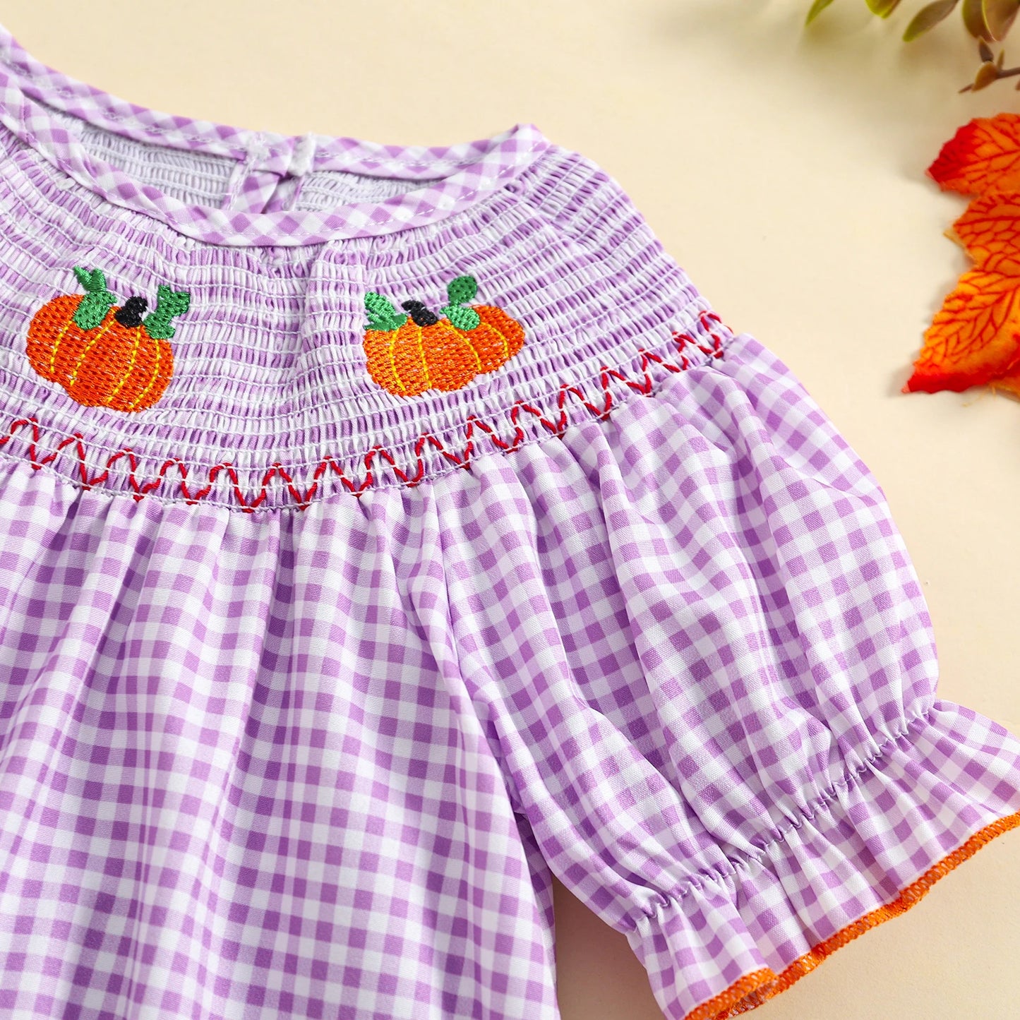 0-3Y Baby Girls Boys Romper Pumpkin Embroidered Plaid Print Short Sleeve Ruffled Jumpsuits