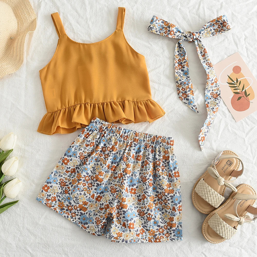 Girls' Summer Outfit Set - Solid Suspender Top with Floral Shorts 2-Piece