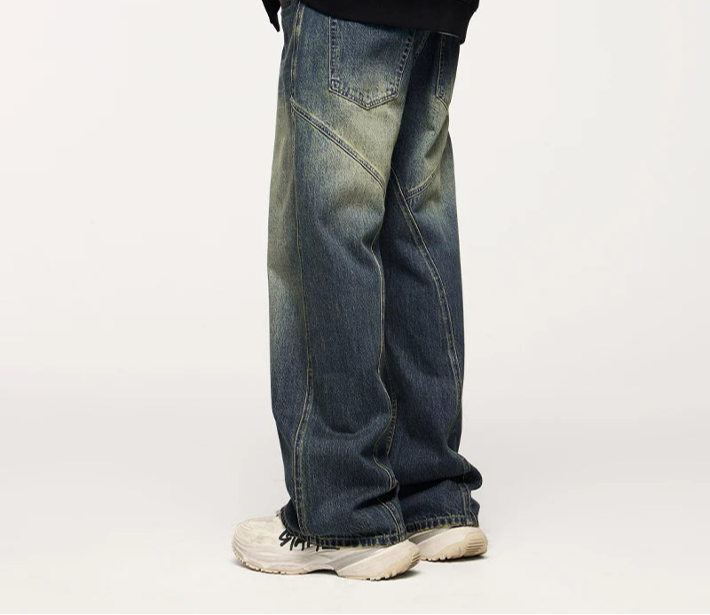 Unisex Retro Washed Jeans Stretch Straight Leg Denim Trousers