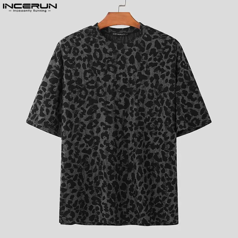 Men's Leopard Print Round Neck Short Sleeve Loose T-shirt