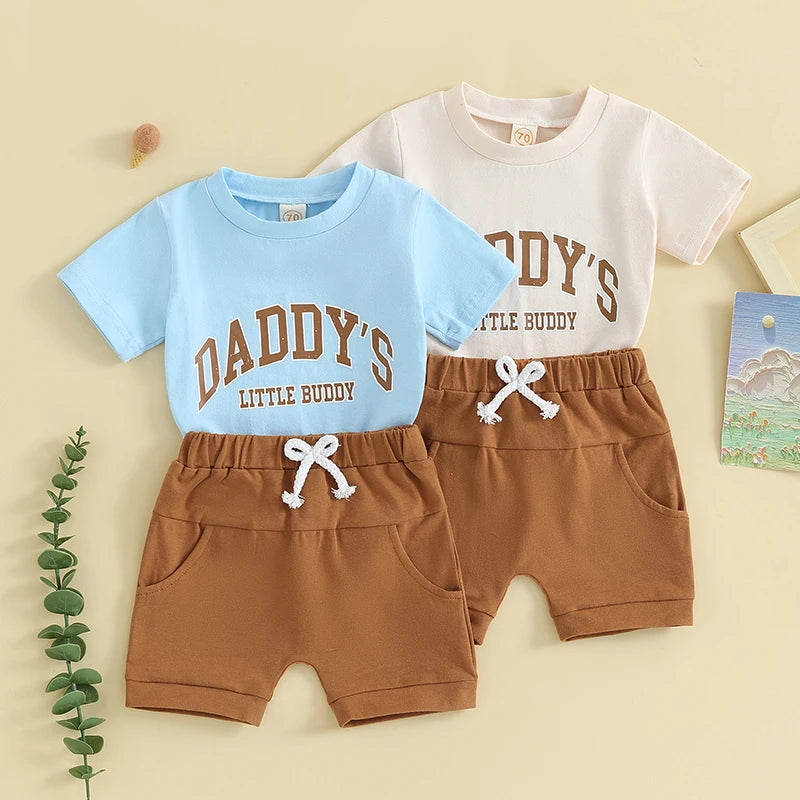 0-3Y Toddler Baby Boy Summer Clothes Set- 2pcs Letter Print Short Sleeve T-Shirt with Elastic Waist Solid Colour Shorts