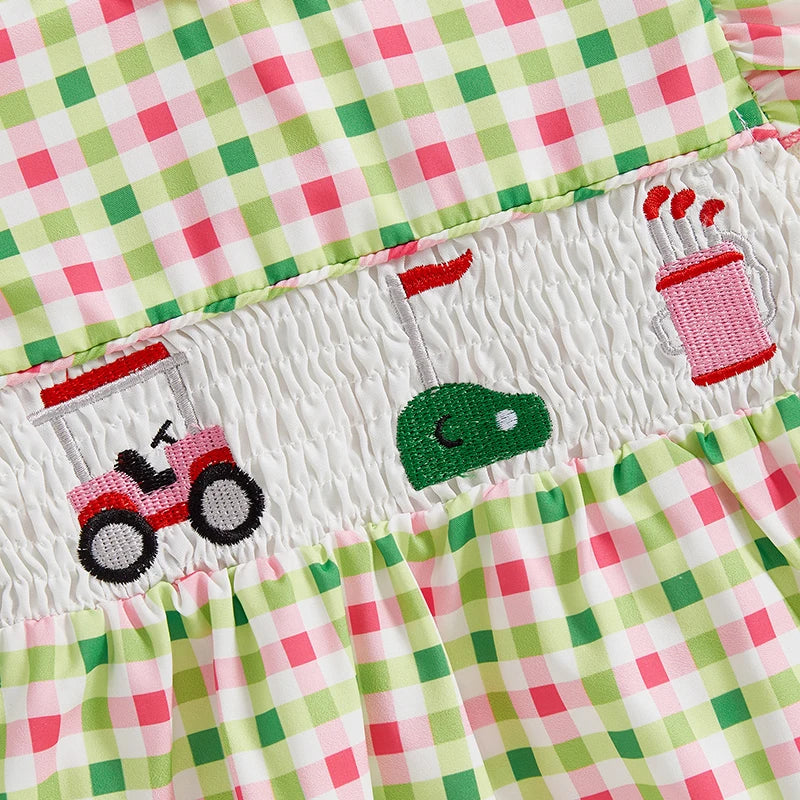 Baby Girls Car Embroidery Romper - Ruffles Fly Sleeve Smocked Jumpsuit (0-18M)