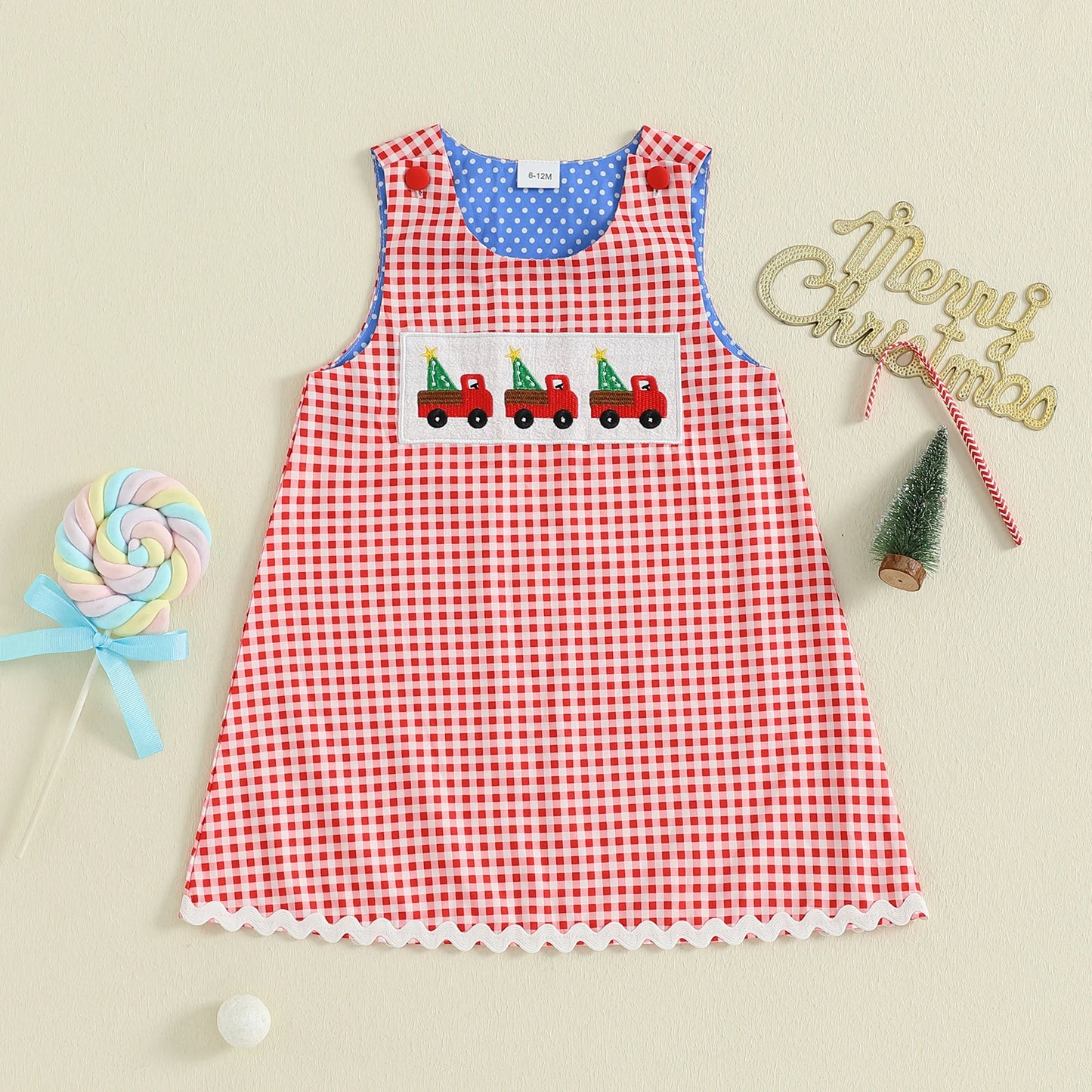 Girls' Christmas Tank Dress - Sleeveless Plaid Dress with Embroidered Tree Design