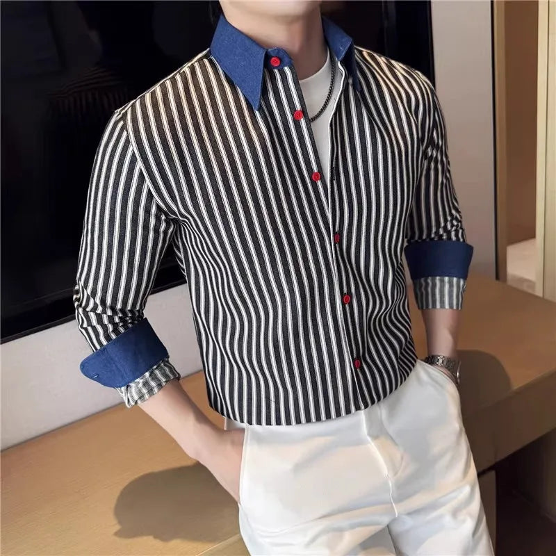 Men's Long Sleeve Striped Cotton Shirt - Smart Casual Square Collar