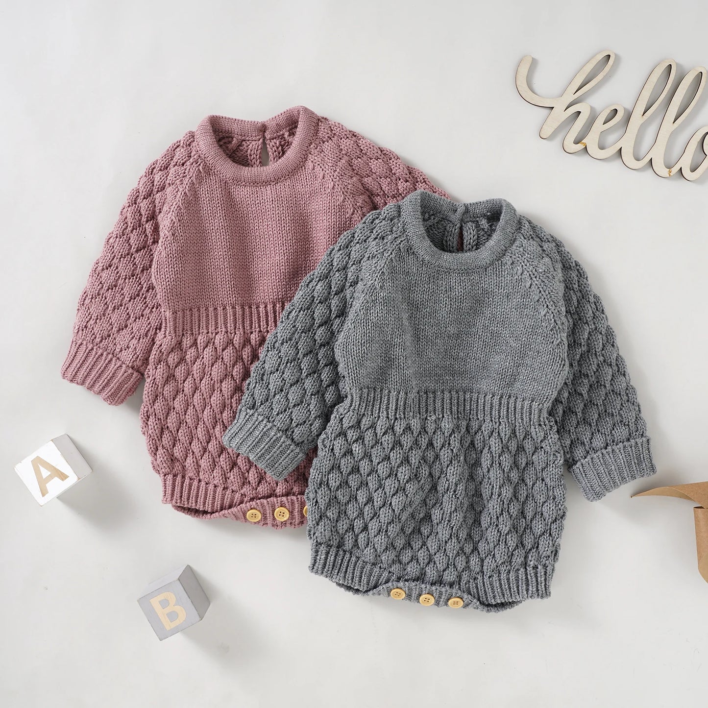 Baby Sweater Romper - Solid Knitted Long Sleeve Warm Jumpsuit