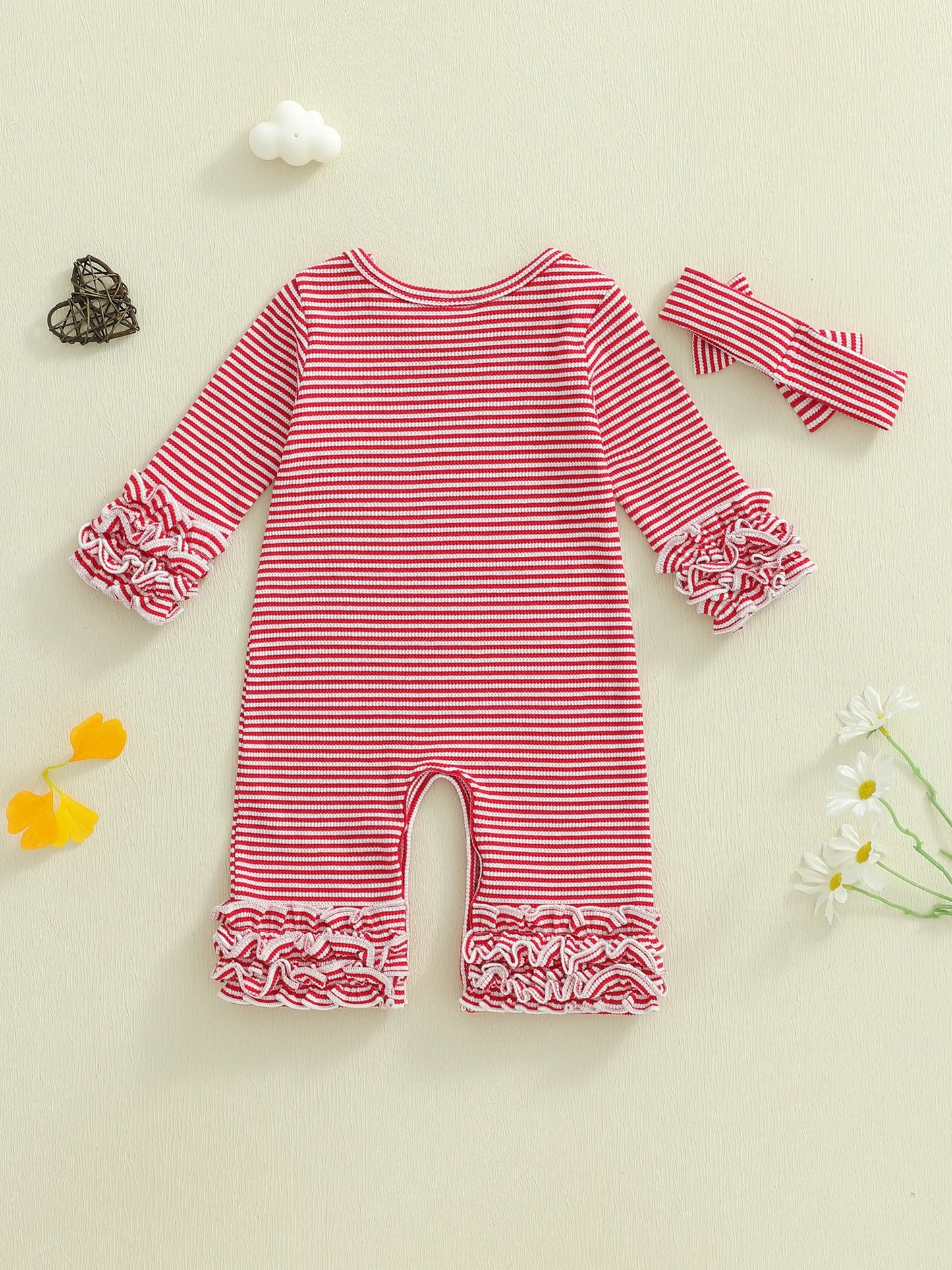 Baby Girls Striped Romper Outfit - Long Sleeve Full Length Jumpsuit with Bow Headband (0-18M)