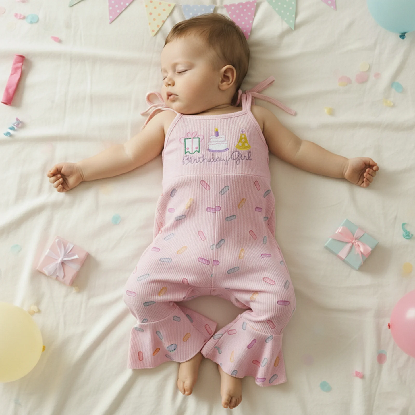 Toddler Girls Birthday Overalls Jumpsuit - Cake Embroidery Sleeveless Bell Bottom Flare Pants