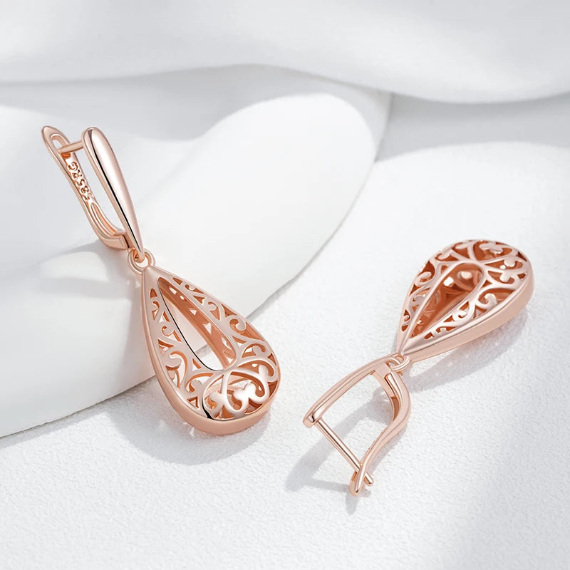 Glossy Rose Gold Dangle Earrings - Elegant Flower Design for Daily Wear