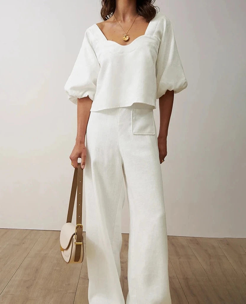 Women's Loose White Cotton 2 Piece Set  Summer Short Sleeve Shirt With High Waist Wide Trousers Set