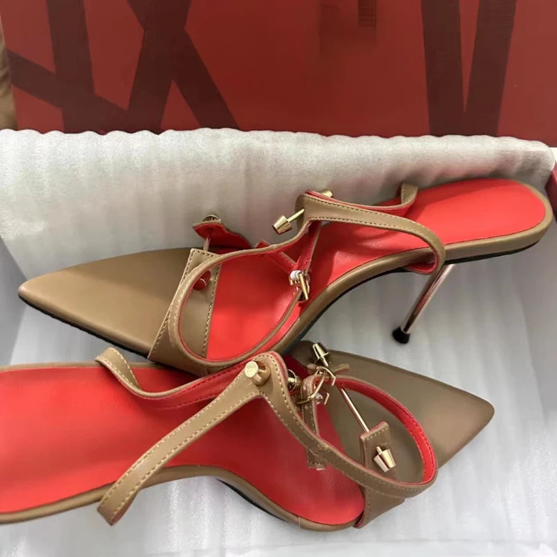 Women's Metal Strap High Heel Sandals - Pointed Open Toe Stilettos