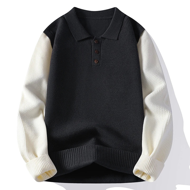 Men's Turn-Down Collar Knitted Pullover - Patchwork Long Sleeve Casual Sweater