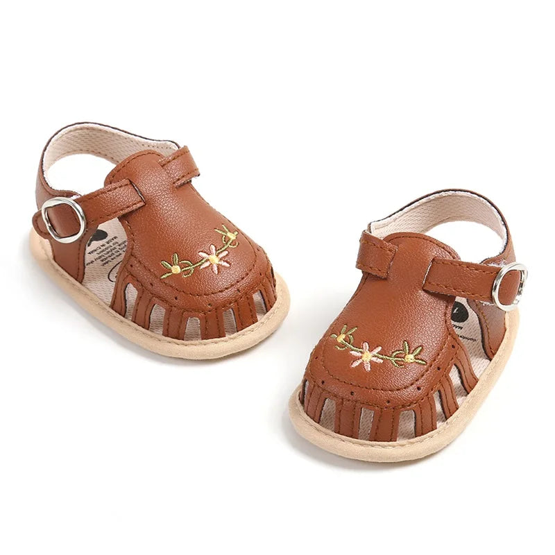 Newborn Baby Sandals PU Leather Non-slip Flower Embroidery Summer Flats Shoes