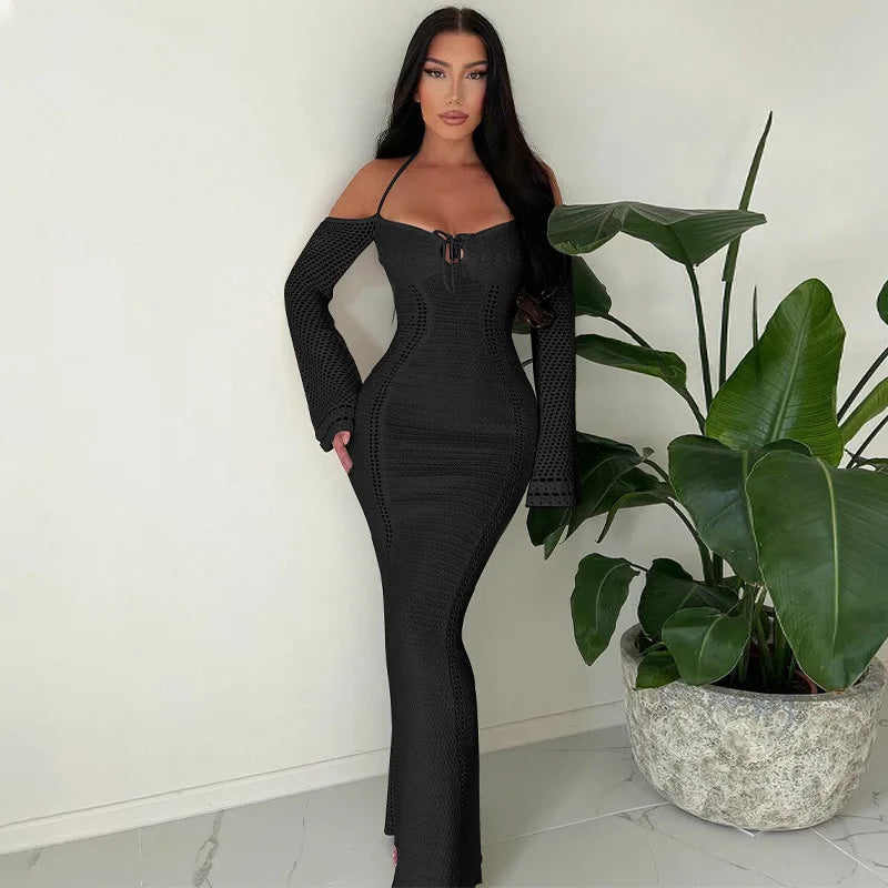 Women's Off Shoulder Halter Knit Dress - Long Sleeve Elegant Backless Tie Front Maxi Dress