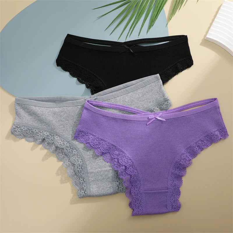 Women's Cotton Panties - 2 Pack Lace Brazilian Briefs Low-Waist