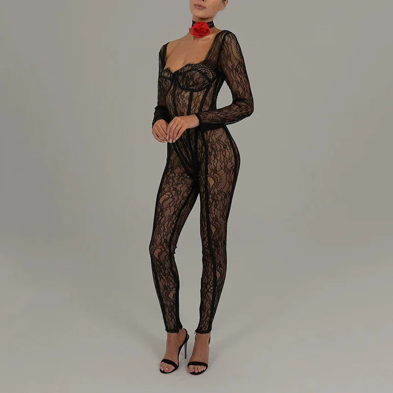 Women's Sheer Lace Hollow Out Jumpsuits Zip Up Backless Outfits - Unitards Square Neck One Piece