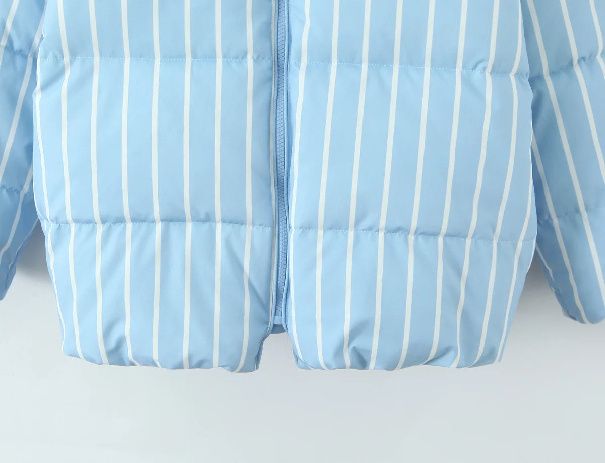 Striped Hooded Bread Jacket - Front Zipper Long Sleeve Warm Coat