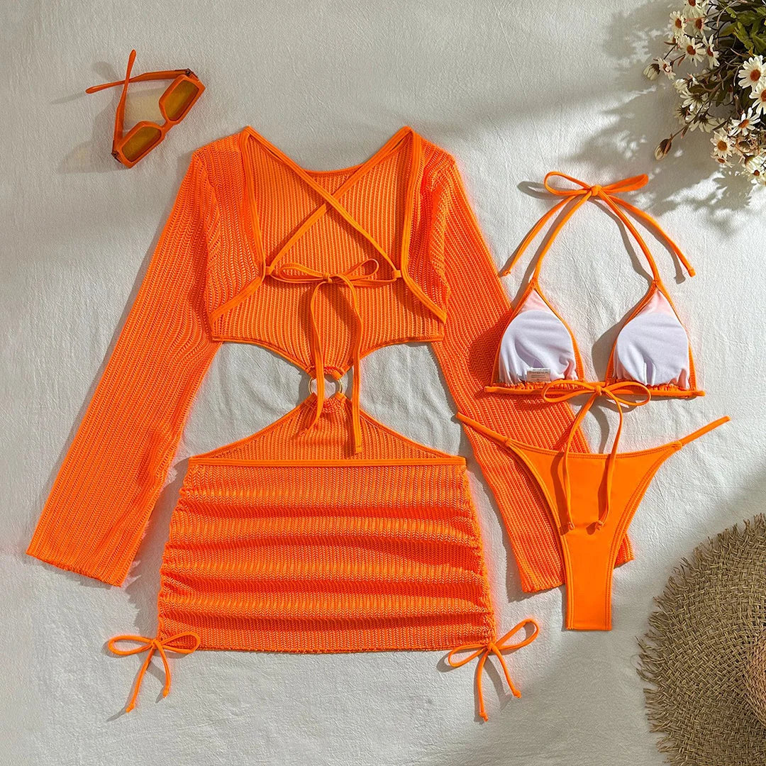 Women's Halter Bikini Set with Long Sleeve Cover-Up | Three-Piece Wire-Free Padded Swimwear
