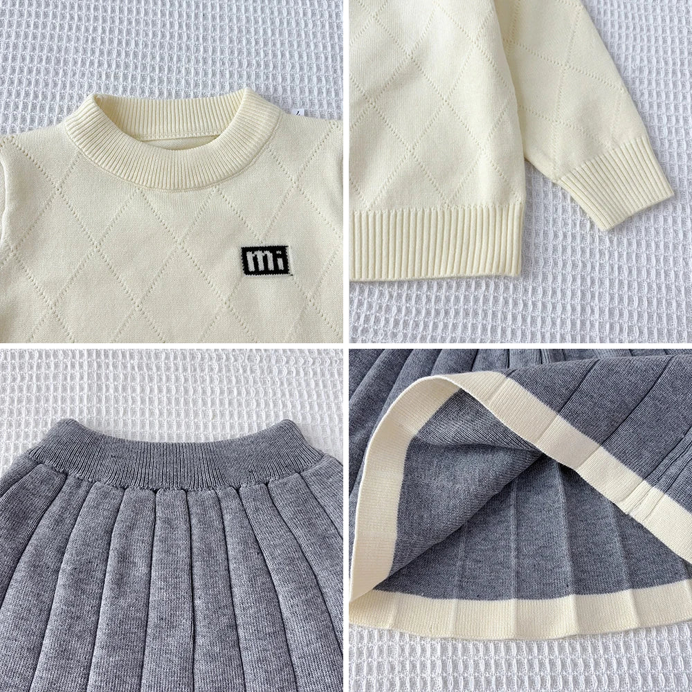 3-7 Y Children's Girls Sweater Long Sleeved Letter Printed Round Neck Top and Pleated A-line Skirt 2-piece Set