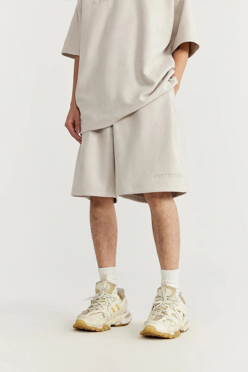 Unisex Oversized Suede Fabric Embossed T-shirts and Shorts Set