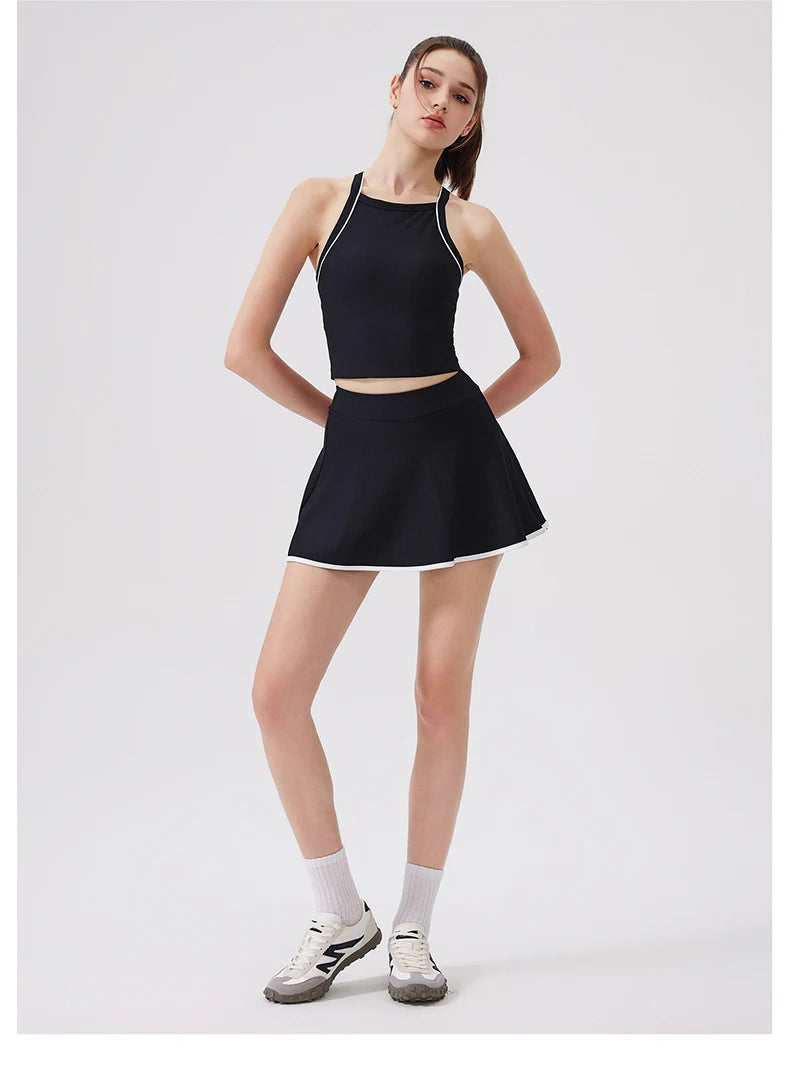 Women's Two-Piece Fitness Set - Yoga Top & Skort with Built-in Shorts