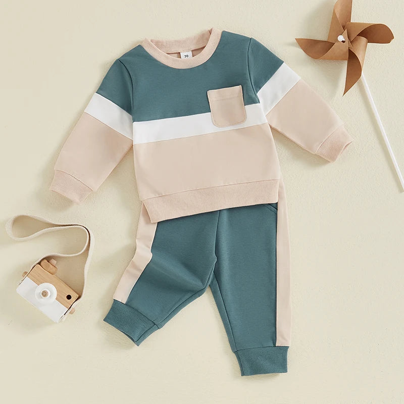 0-4Y Toddler Kids Boys Girls Fall Clothes Sets Contrast Long Sleeve Sweatshirt Tops and Pants Set