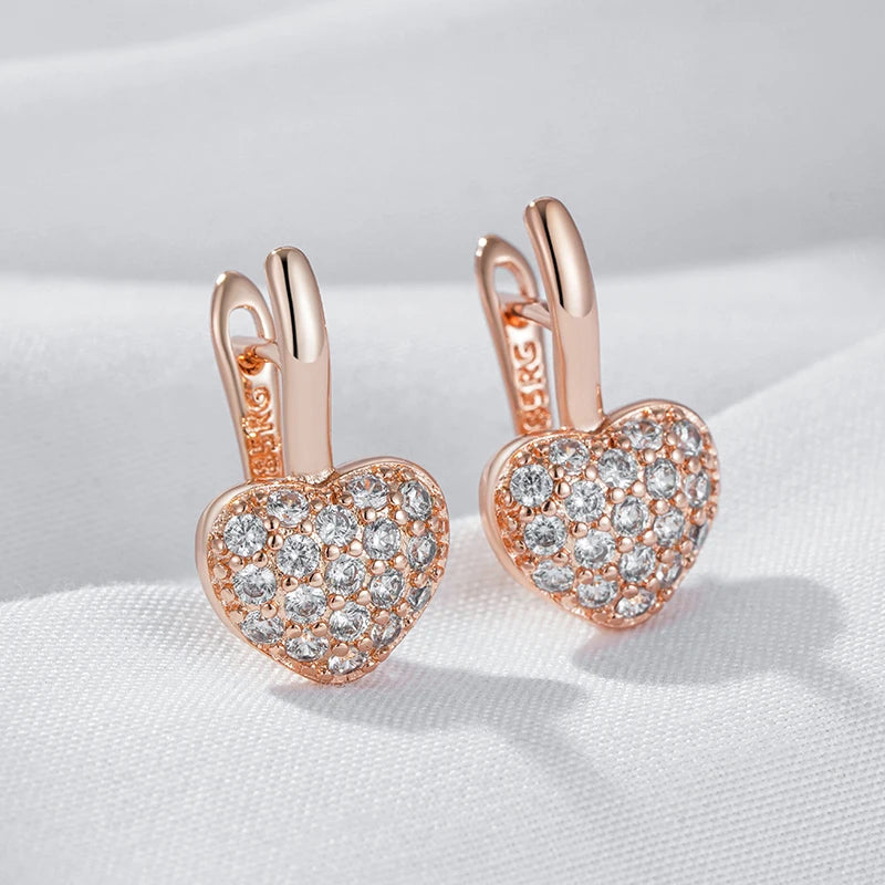 Women Shiny Natural Zircon 585 Rose Gold Colour Heart Earrings