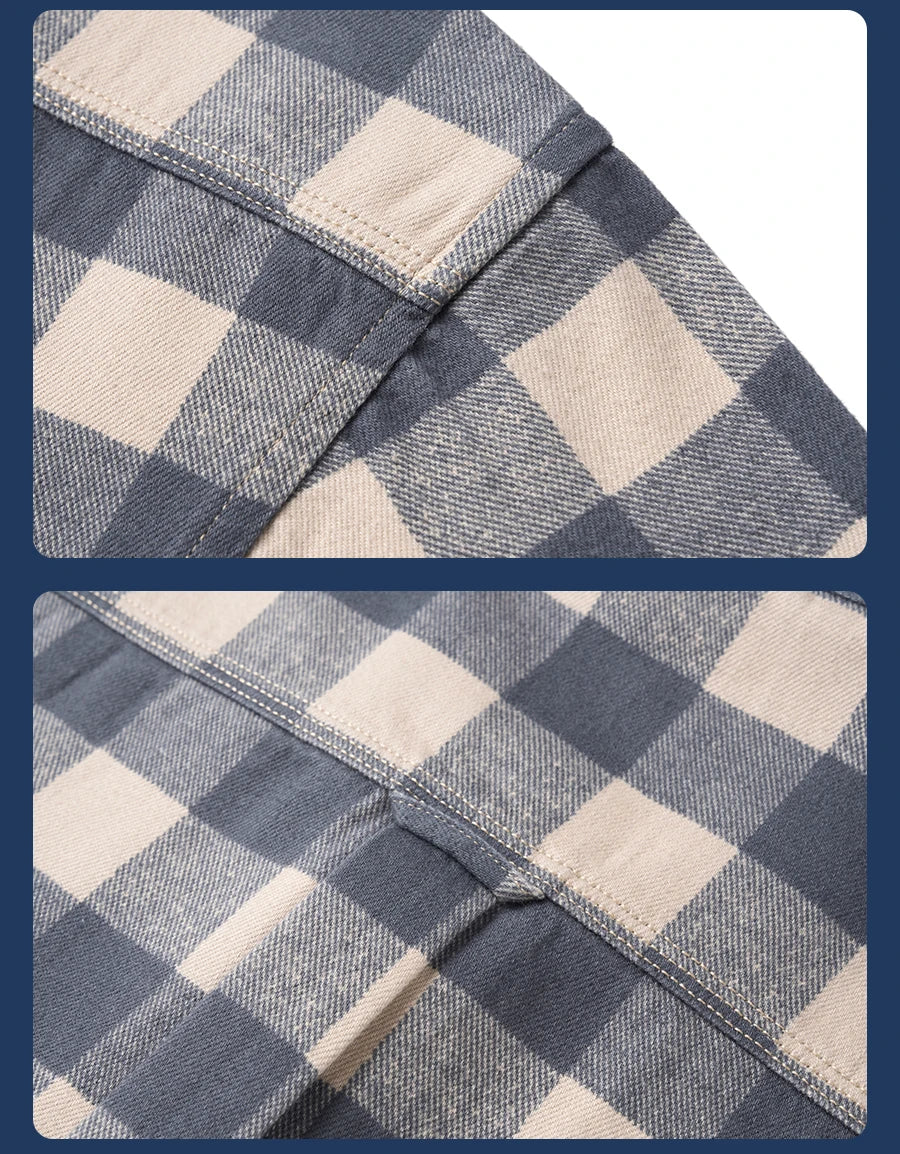 Men's Loose Plaid 8oz Washed Vintage Fabric Casual Check Shirt
