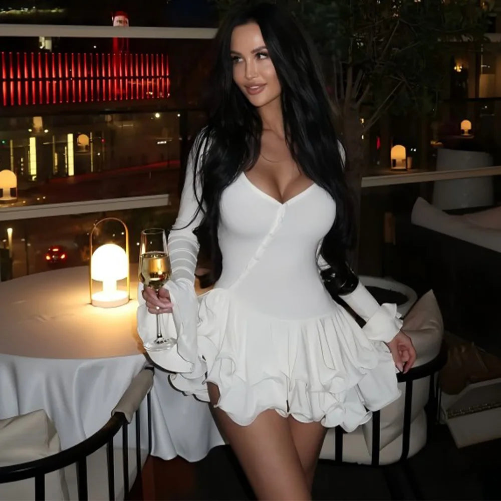 Women's Ruffled Mini Dress - Single-Breasted V-Neck with Flare Sleeves