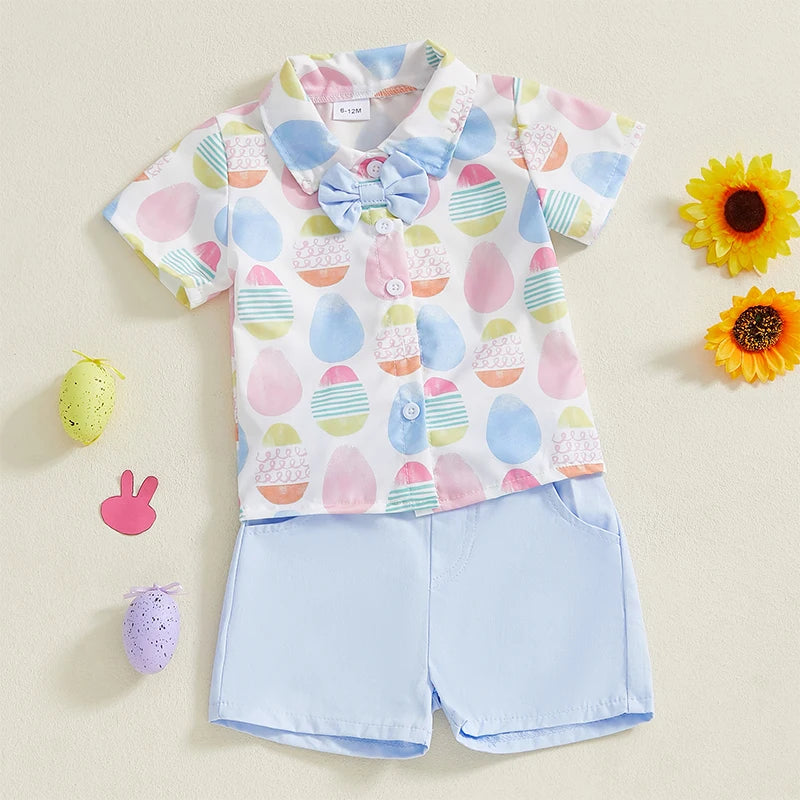 0-4Y Kids Boys Easter Gentleman Clothes Set Egg Print Short Sleeve Button-up Bow Tie Shirt with Elastic Shorts