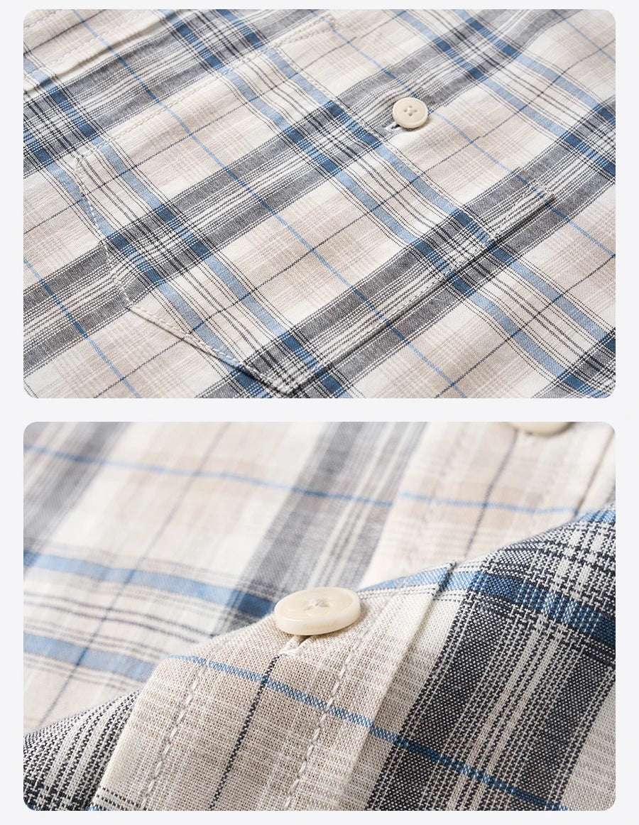 Men's  Premium Cotton Linen Plaid Shirt - 180gsm Oversize Casual