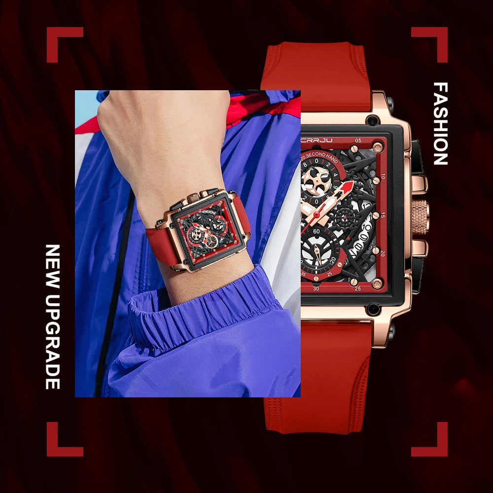 Men's Sports Watch - Large Dial Rectangular Design with Chronograph & Auto Date