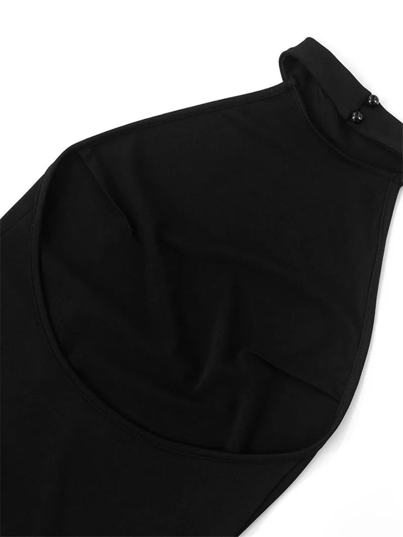 Women's Patchwork Halter Backless Midi  Contrast Color Sleeveless Pleated Long Dress