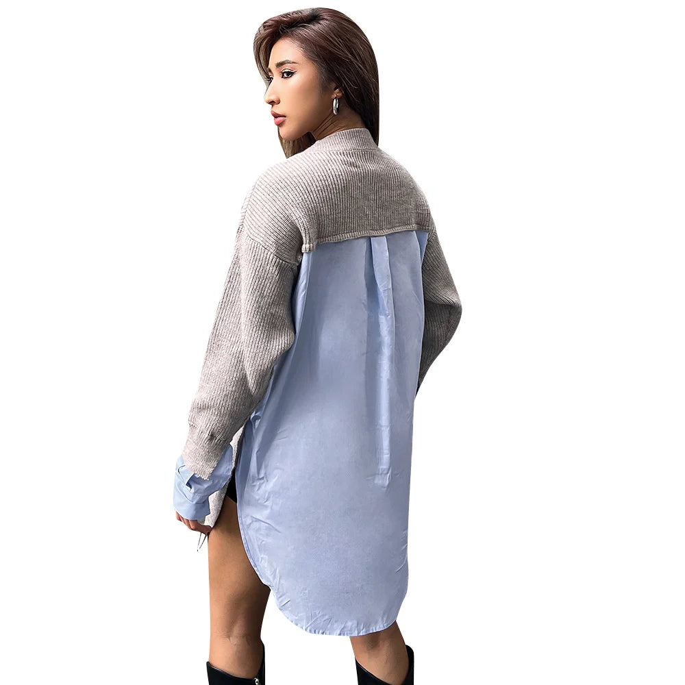 Women's Patchwork  V Neck Long Sleeve Loose Straight Knitting Pullover Sweater Shirt Dress