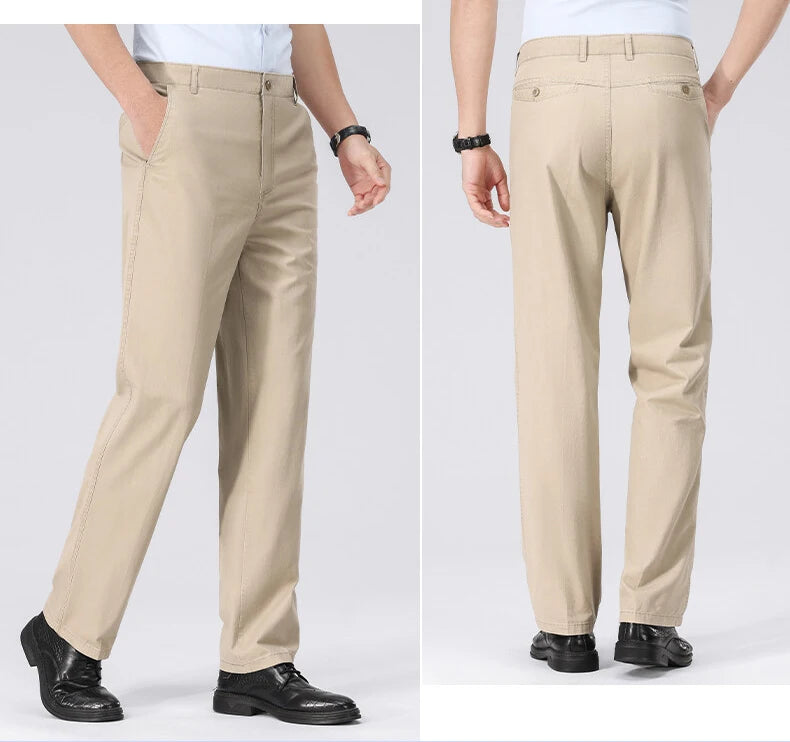 Men's Spring Summer Cotton Smart Casual Lightweight Zipper Fly Straight Breathable Trousers