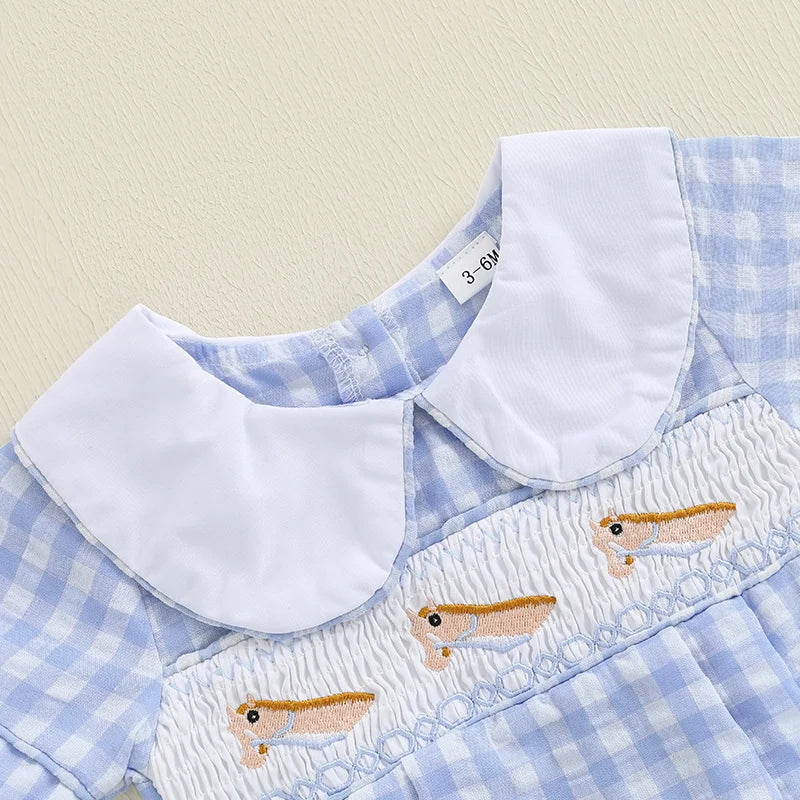 Lovely Baby Summer Romper - Plaid Print Western Embroidery Doll Collar Jumpsuit (0-18M)