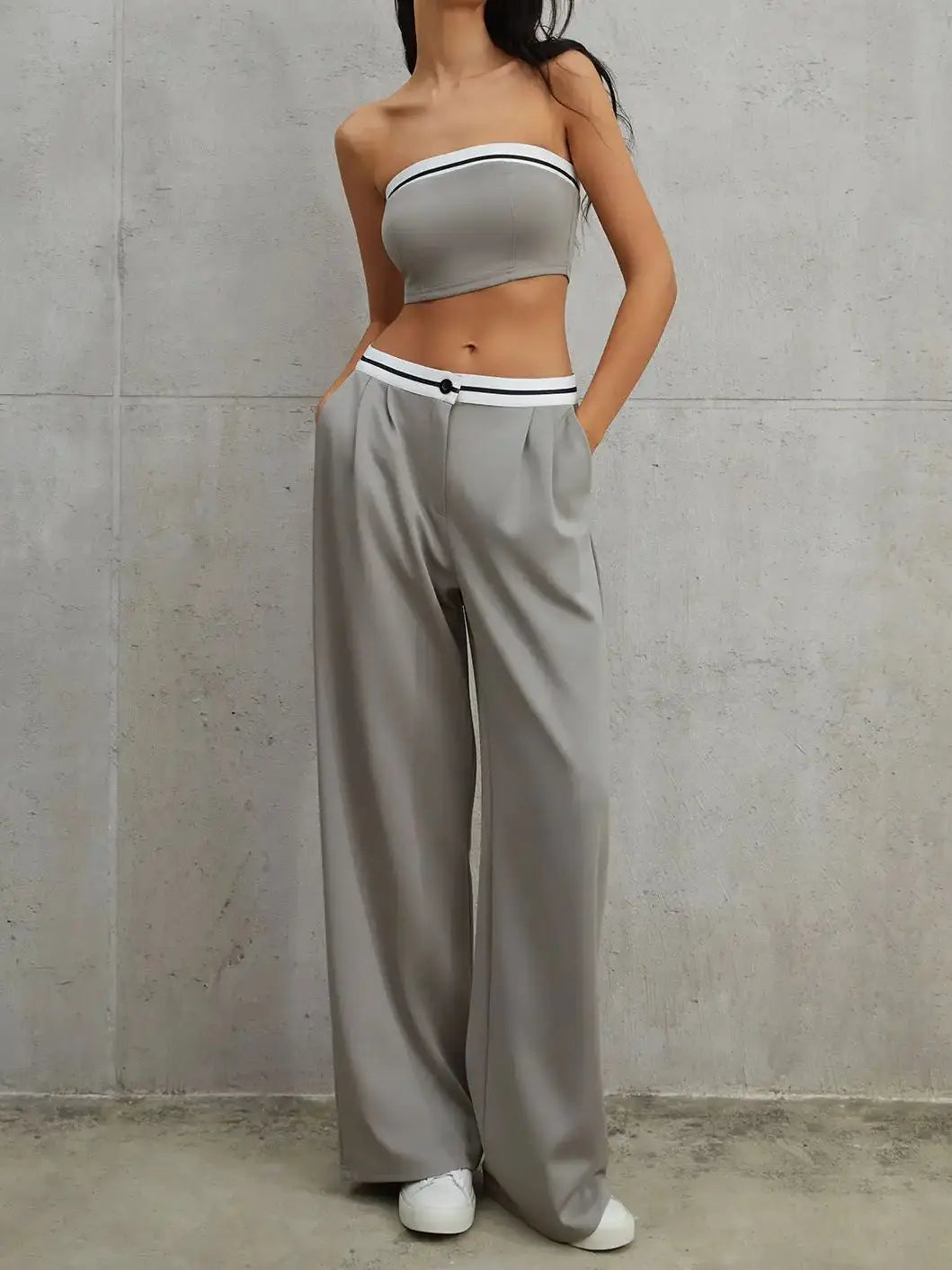 Women's Tube Top Two Piece Contrast Waistband Pants Set - Sleeveless Short Top and Wide Leg Pants Set