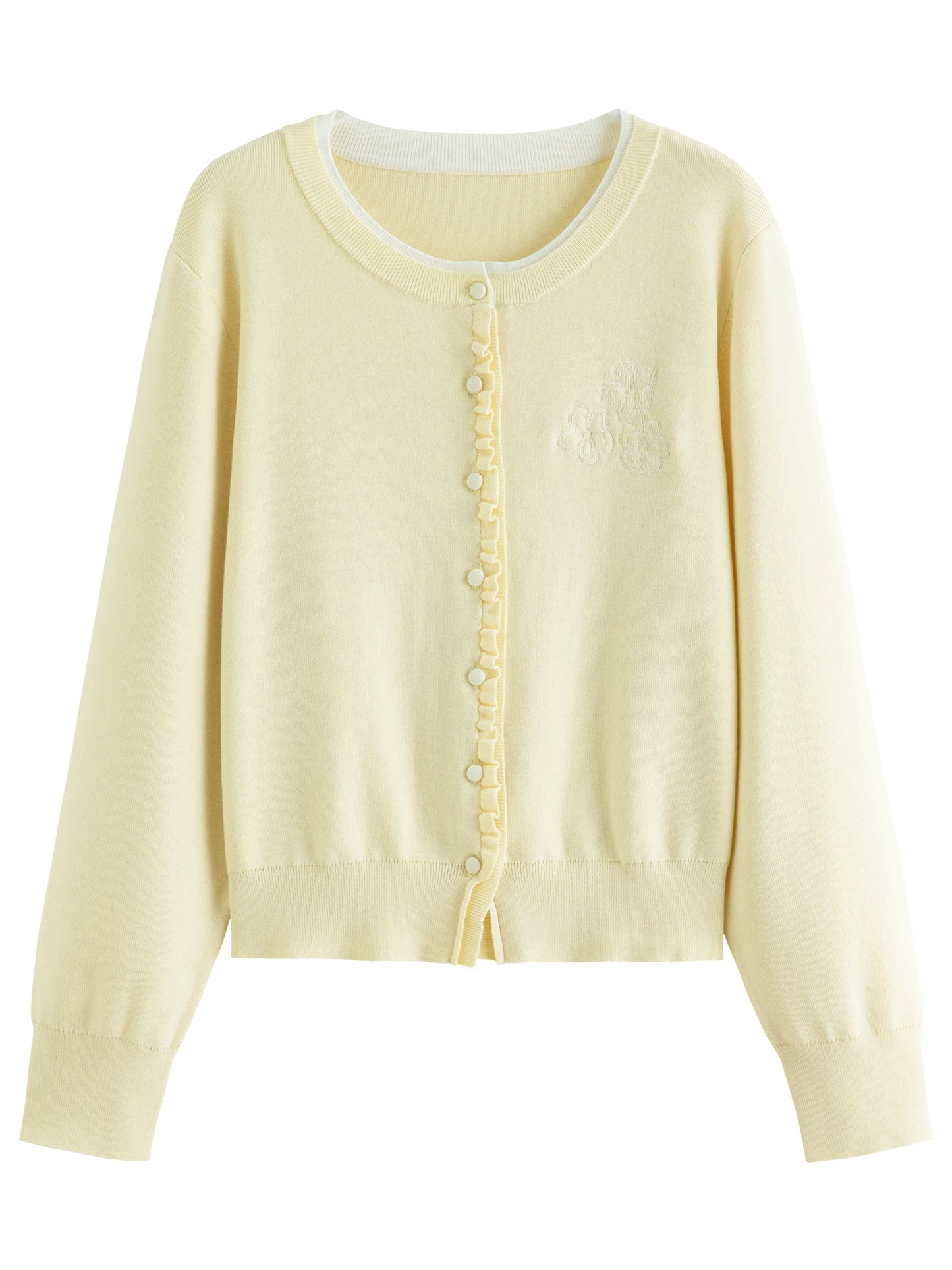 Floral Embroidered Knit Cardigan - Ruffle Trim Loose Fit Cardigan