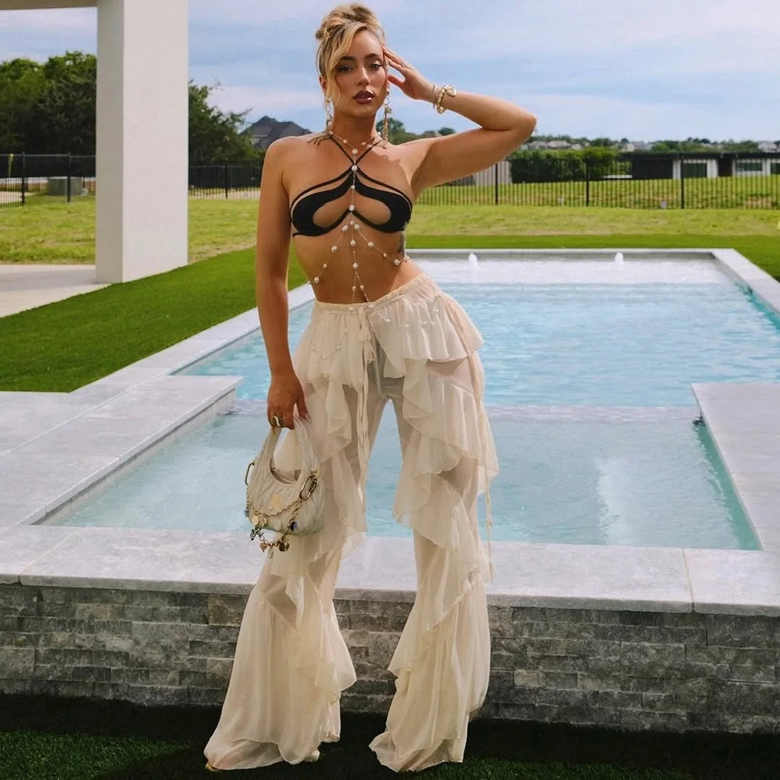 Women's Ruffled Tie Detail Flared Pants - Mesh Sheer Stretch Trousers