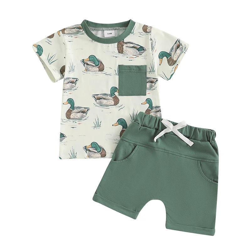 Baby Boys Duck Print Outfit Set - Patchwork T-Shirt with Elastic Waist Shorts