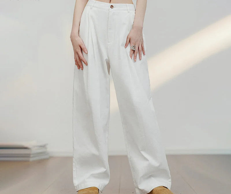 Women's White 100% Cotton Wide-Leg Cargo Trousers | Loose Straight Streetwear Pants