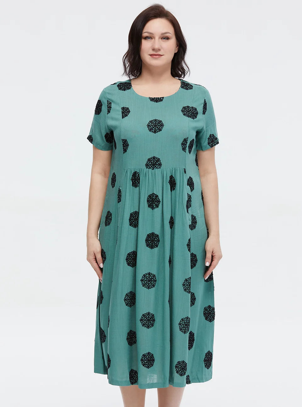 Women's Summer Elegant Cotton Oversize Office Polka Dot Embroidery Design Pocket Long Dress