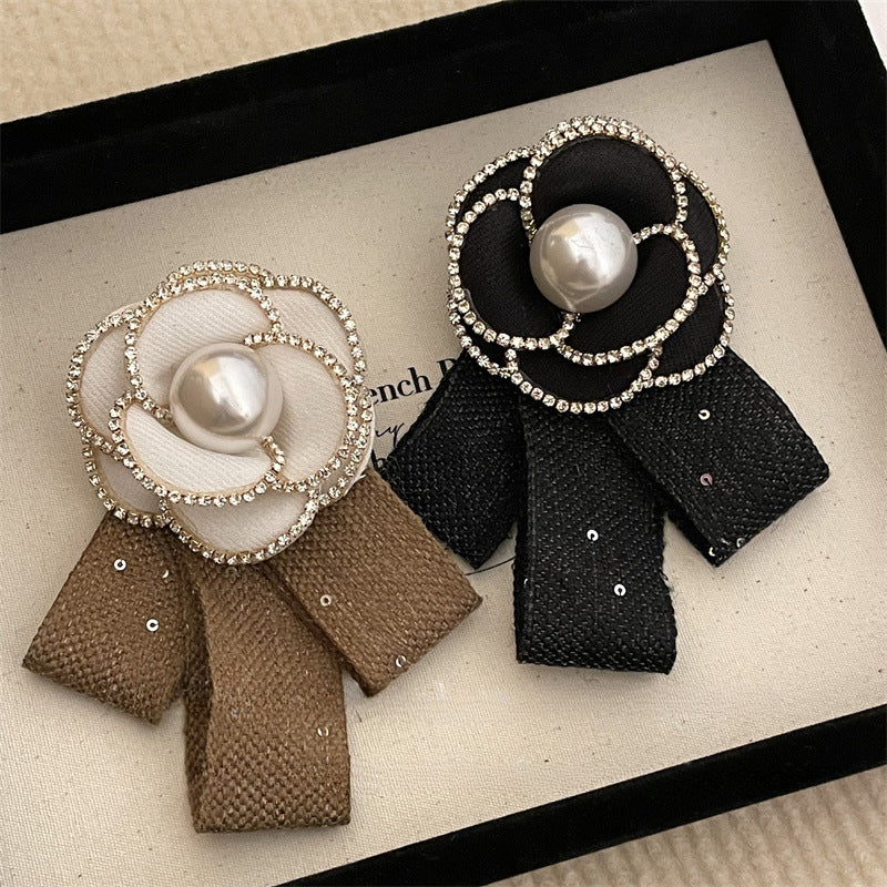 Retro Fabric Camellia Flower Brooch - Bow Crystal Pearl Tassel Lapel Pin