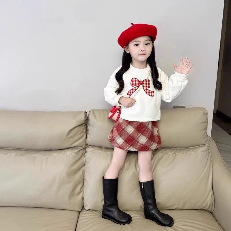3-7 Years Girl's Clothes Autumn  Bow Print Long Sleeved Top and Plaid Skirt Easter Two-piece Set