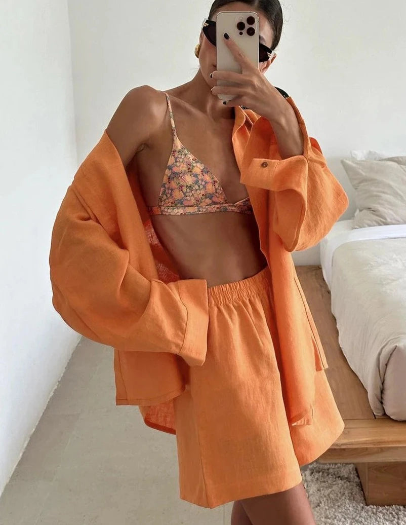 Women's Loose Orange Cotton 2 Piece Set Long Sleeve Shirt With High Waist Shorts Set