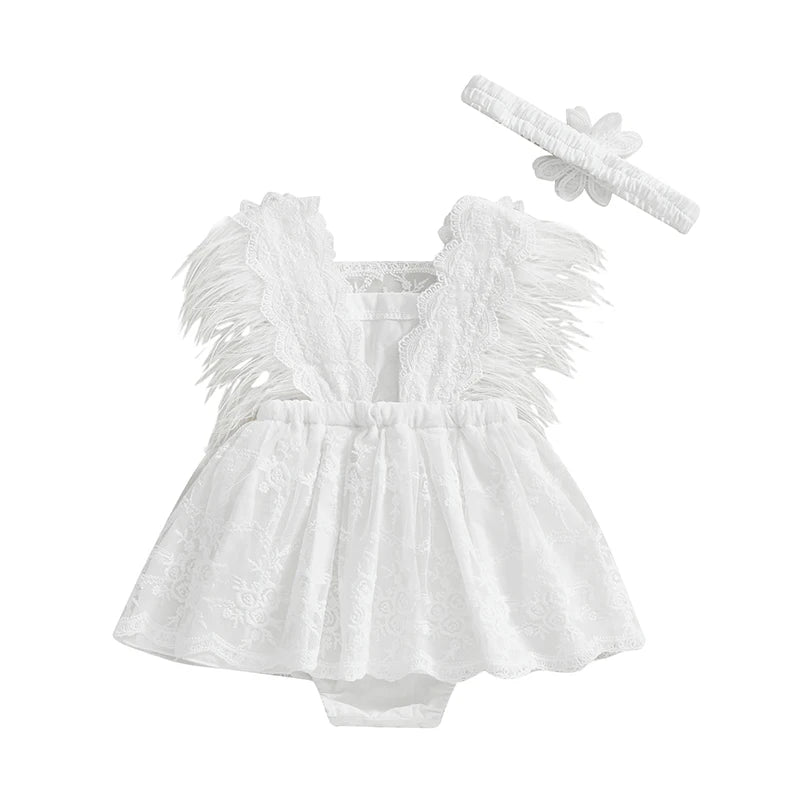 Baby Girls' Floral Embroidery Sleeveless Romper Dress with Headband | 3M–24M