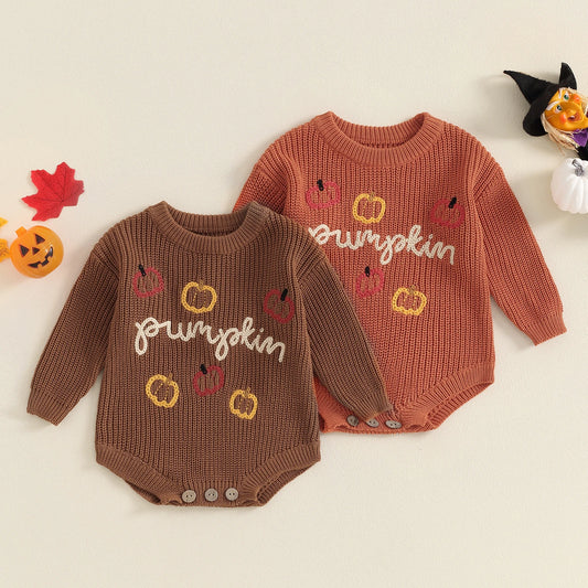 0-18M Baby Girls Boys Halloween Sweater Romper - Long Sleeve Letter Pumpkin Embroidery Jumpsuit