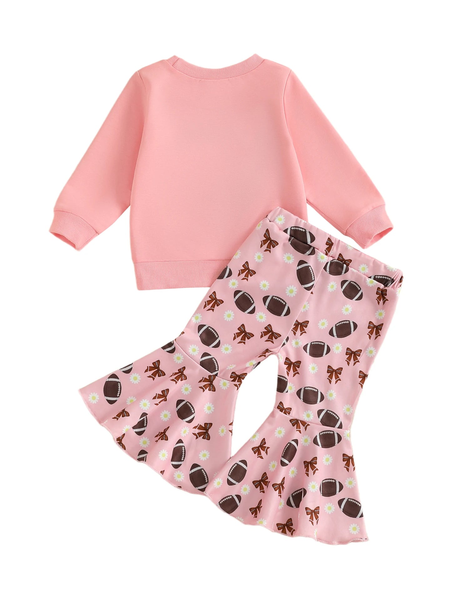 Girls Bow Embroidery Outfit Set - Long Sleeve Letter Pullover Sweatshirt & Football Flare Pants (0-4Y)