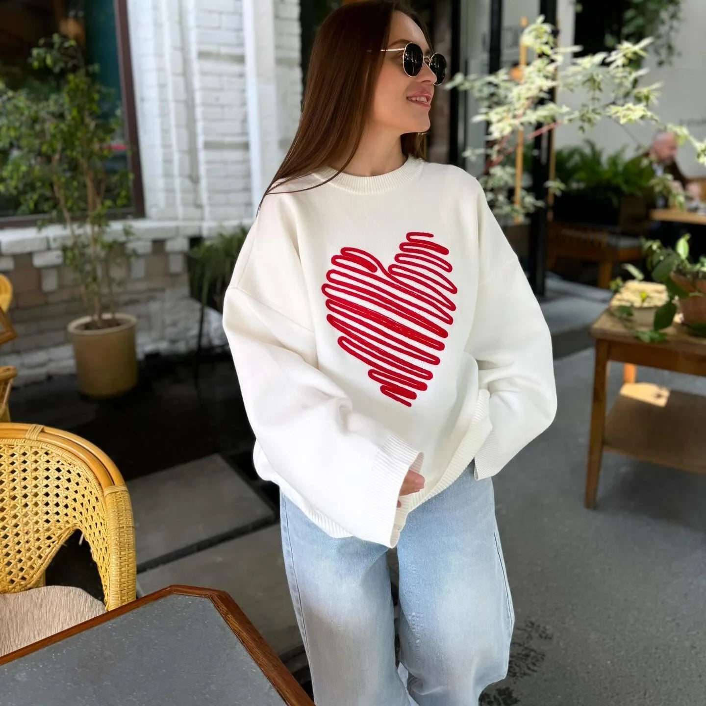 Women's Heart Knitted Loose Pullovers Long Sleeve Sweater